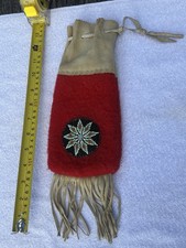 Handmade Red Felt Leather Beaded Fringe Drawstring Medicine Bag Pouch