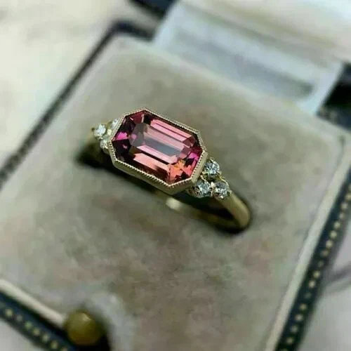 2Ct Emerald Cut Lab-Created Ruby Women's Engagement Ring 14K Yellow Gold Plated - Image 3 of 4