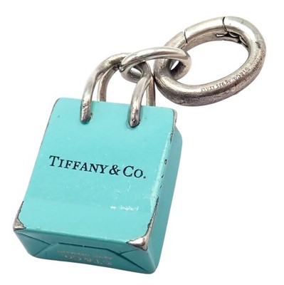 Tiffany & Co. Enamel Shopping Bag Silver Charm Pendant + Oval Jump Ring Clasp
