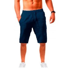 Men s LINEN Shorts Casual Summer Beach Cotton Loose Fit Drawstring Pants S-3XL
