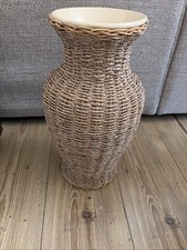 Vintage Wicker Rattan Woven Seagrass Cream Ceramic Vase Urn 40cm Decor Flowers