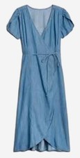 Gap Women's Chambray Wrap Midi Dress Sz Medium Blue Short Sleeve V Neck