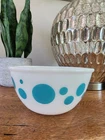 Vintage 1950s Hazel Atlas Polka Dot Milk Glass Bowl Turquoise  7”