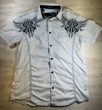 Roar Men's Short Sleeve XL Embroidered Trible Shirt Button Up  White Gray