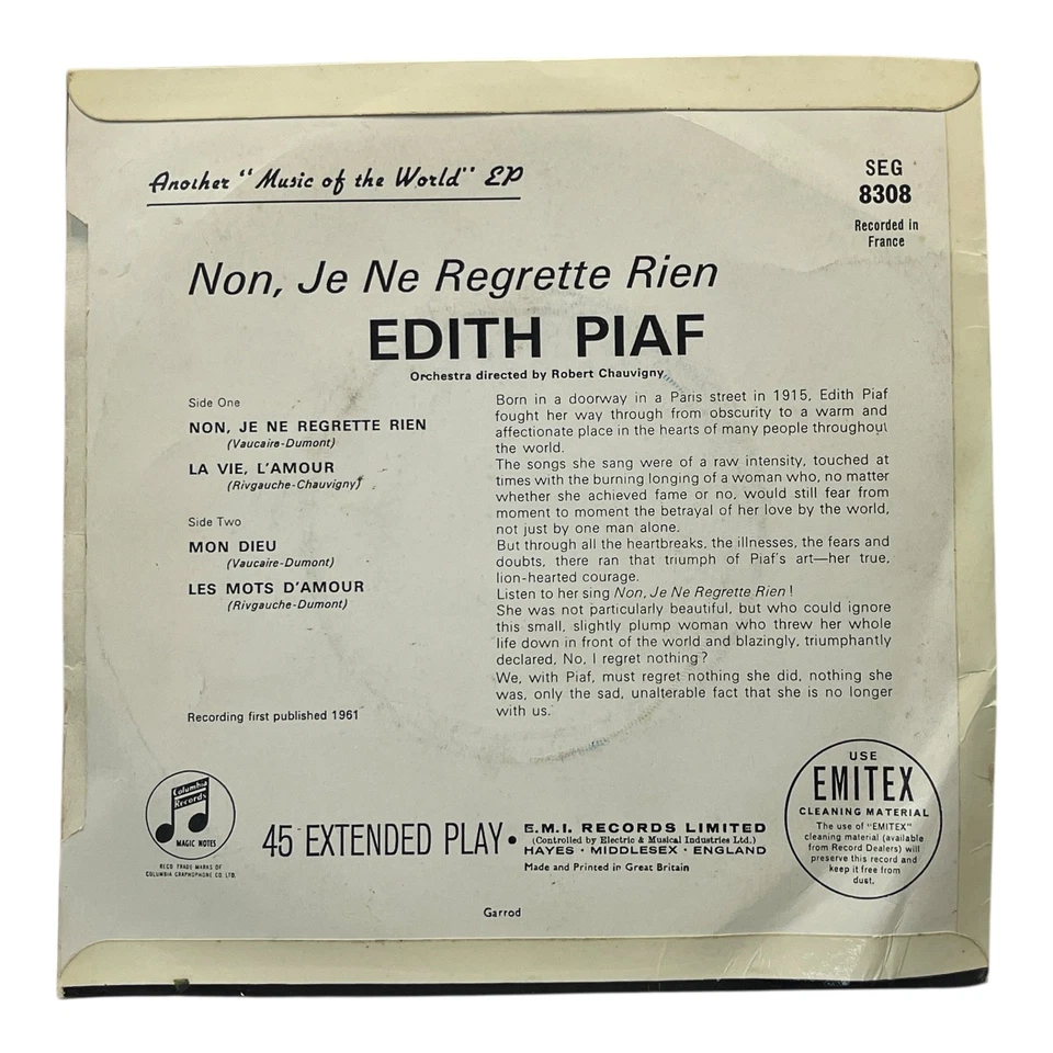 Edith Piaf Non Je Ne Regrette Rien Columbia 45 RPM EP 1961 Vintage French Foto 2 de 4