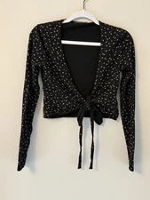 Brandy Melville Women's Black Floral Tie-Front Wrap Top Long Sleeve One Size