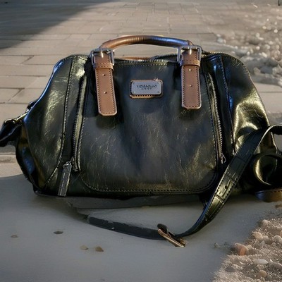 Xidibaoluo Crossbody Bag, Black Glossy Leather | Brown Handles-Trim-Straps, NWOT