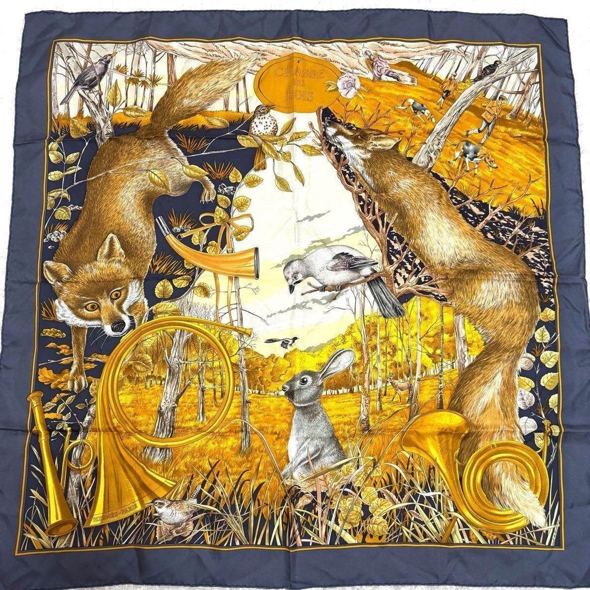 HERMES Silk Scarf 90 CHASSE AU BOIS Carl de Parcevaux Fox Rabbit