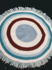 Handmade Crotchet Round Accent Throw Rug With Fringe Boho Blue Brown Stripes