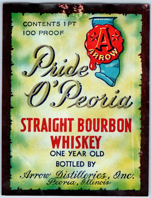 1920s-30s Pride O'Peoria Straight Bourbon Whiskey Arrow Dist. Label set of 2 WL2