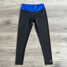 Champion Mid Rise Ankle Legging Small Black Blue Waistband Logo Gym Retro