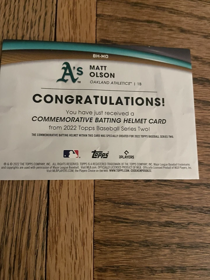 2022 Topps Series 2 - Batting Helmet Commemorative Relics #BH-MO Matt Olson - Image 2 of 2