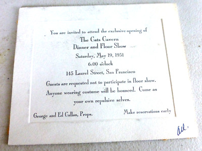 VINTAGE  CARD SAN FRANCISCO MEMORABILIA CATS CAVERN DINNER AND FLOOR SHOW 1951