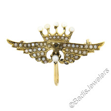 Antiguo broche prendedor alas corona perlas semillas oro amarillo 14k macizo con gancho para reloj