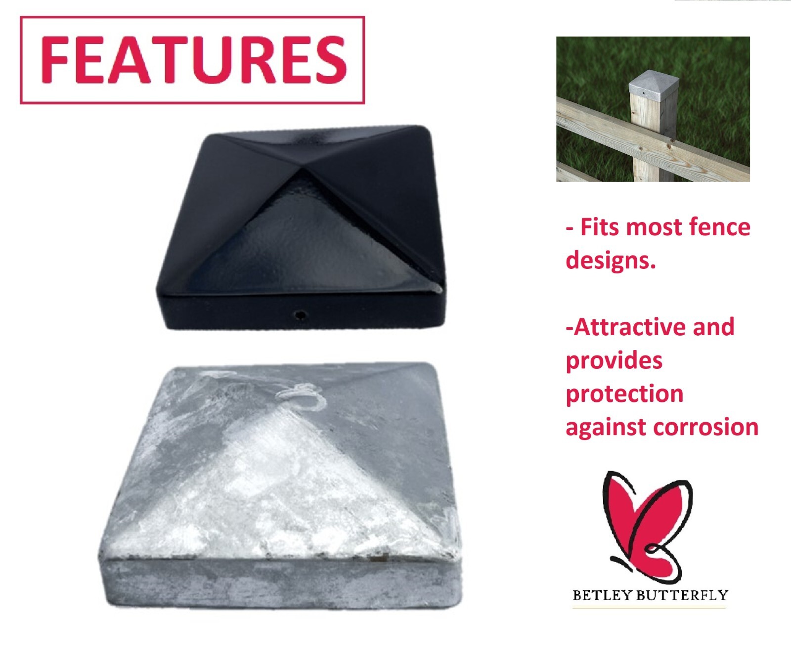 Pyramid Square Galvanised/Black Metal Fence Post Caps 3" 75mm/ 4" 100mm ...
