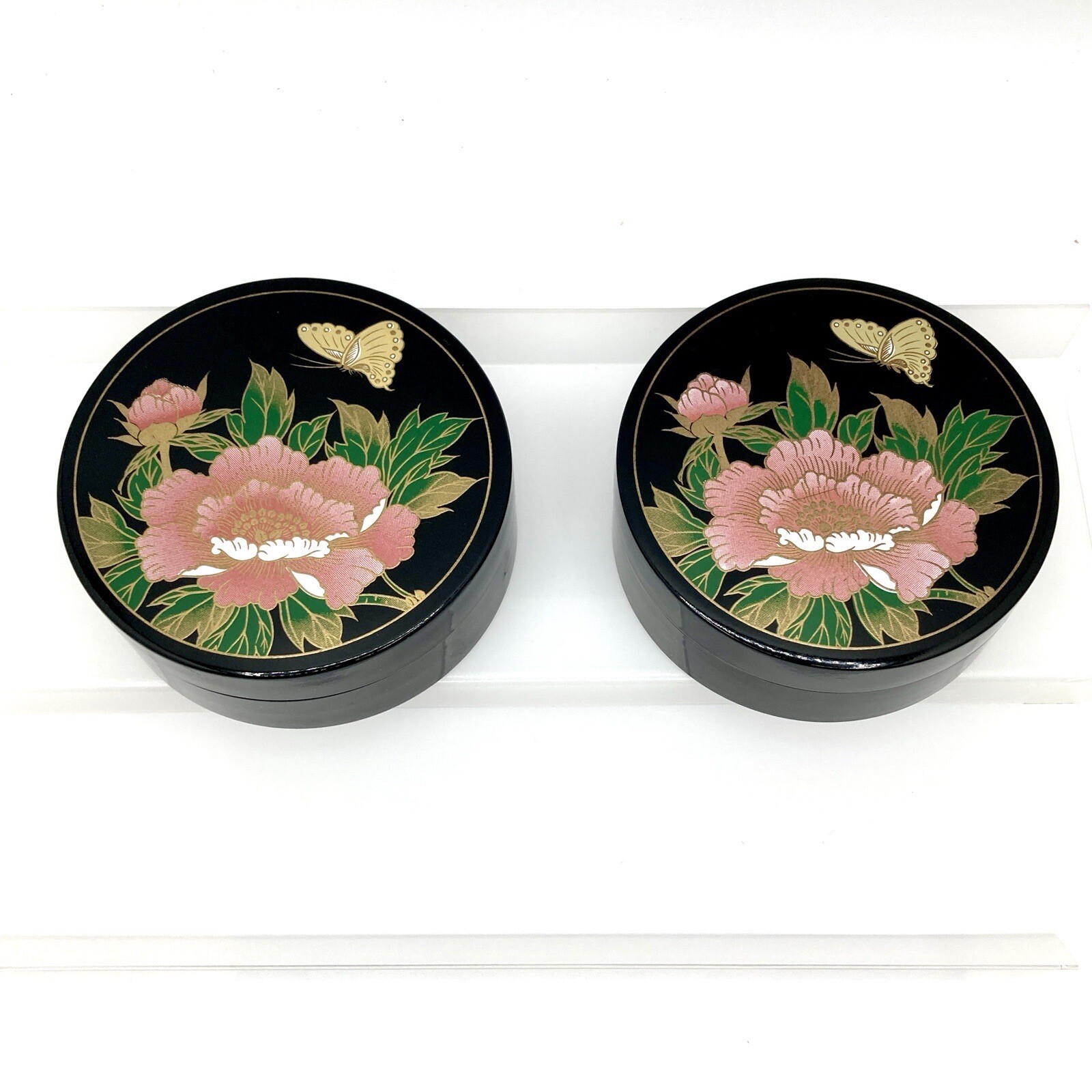 Vintage Asahi Lacquered Japanese Coasters 2X Black Floral Butterfly Set with Case