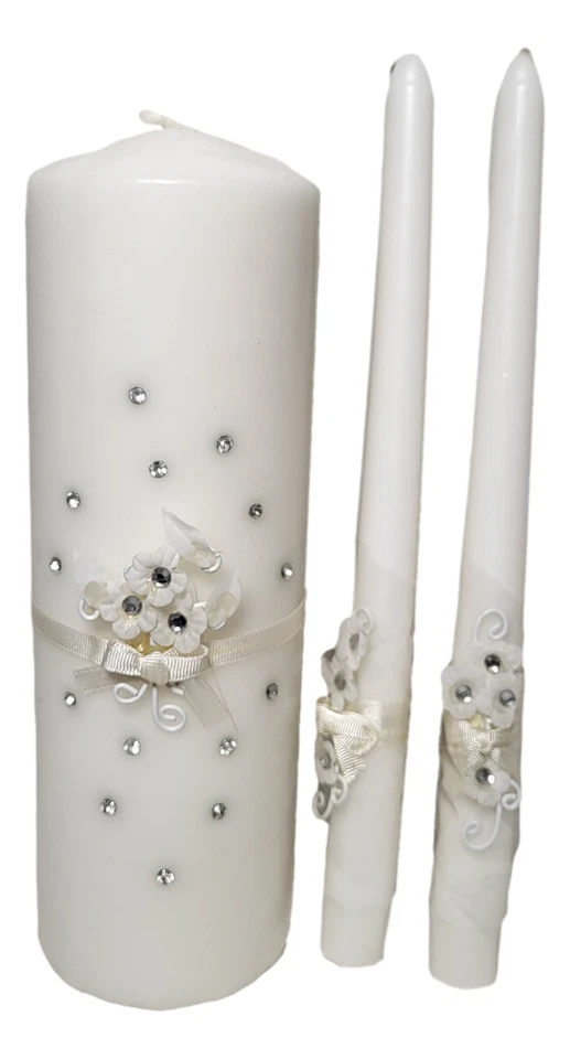 Juego de velas Unity pilar de boda blanco 9" y 2 10" cónicas elegantes pedrería Foto 2 de 4