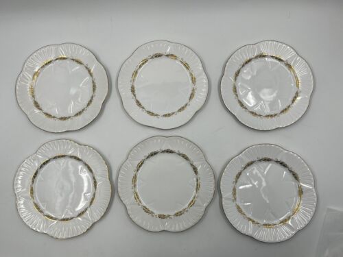 RARE 6 Salad Plates Shelley Acanthus Gold Leaf Fine Bone China 8 Inch 14112 - Picture 1 of 5