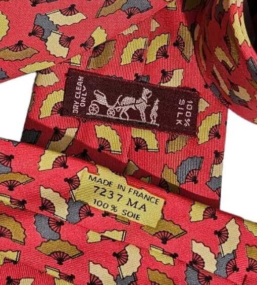 HERMÈS 7237 MA Men's 100% Silk Necktie LUXURY Tie Red Japanese Fan