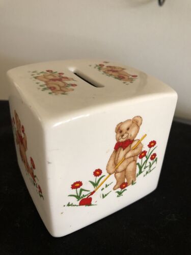 Mason's Ironstone Teddy Bear Cube Coin Bank Vintage England 1984 Red Flower - Picture 1 of 10