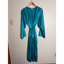 Vintage Oscar de la Renta Pink Label Teal Blue Satin Long Robe Kimono Sleeve LG