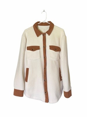 Thread & Supply Oversized Ivory and Brown Button Down Shacket Sz M