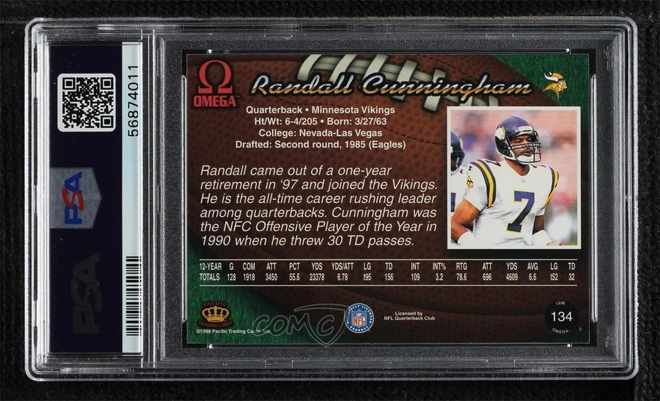 1998 Pacific Omega Randall Cunningham #134 PSA 8 - Image 2 of 2