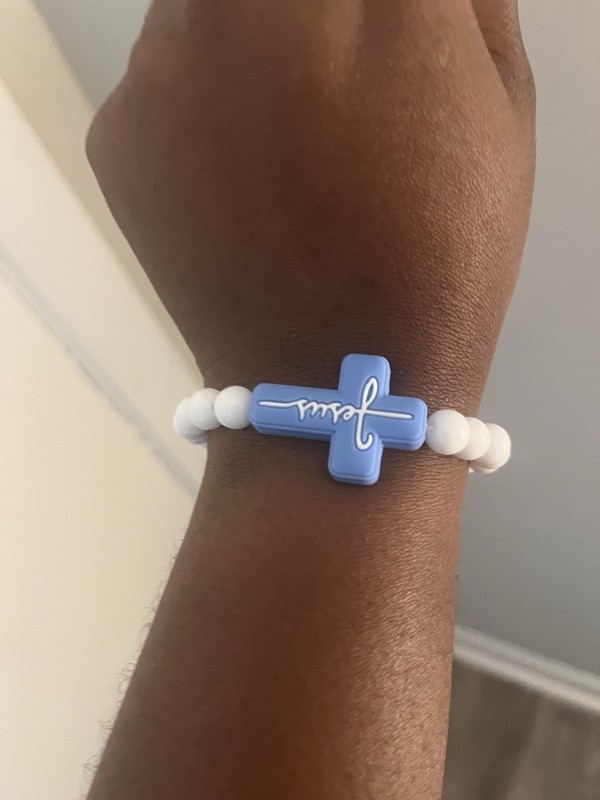 White Beaded Stretch Bracelet with Blue Cross "Jesus" Charm | Christianity