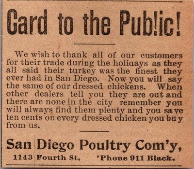 San Diego Poultry Com'y Card to the Public 1896 San Diego Clipping TAJ9-S1