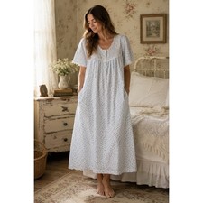Vintage 80s Barbizon Blue Calico Ditsy Floral Button Front Nightgown Cottagecore