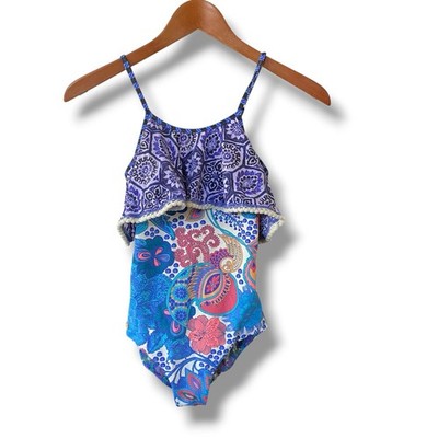 Maaji Girls Sapphire Odyssey Garden Scrapbook 1 Piece Swimsuit Sz 12 REVERSIBLE 