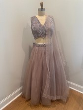 South asian lehenga choli, tulle lehenga with beaded blouse, light gray-pink