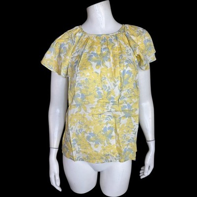 Candace Cameron Bure Printed Tulip Sleeve Bow Back Blouse Yellow XS