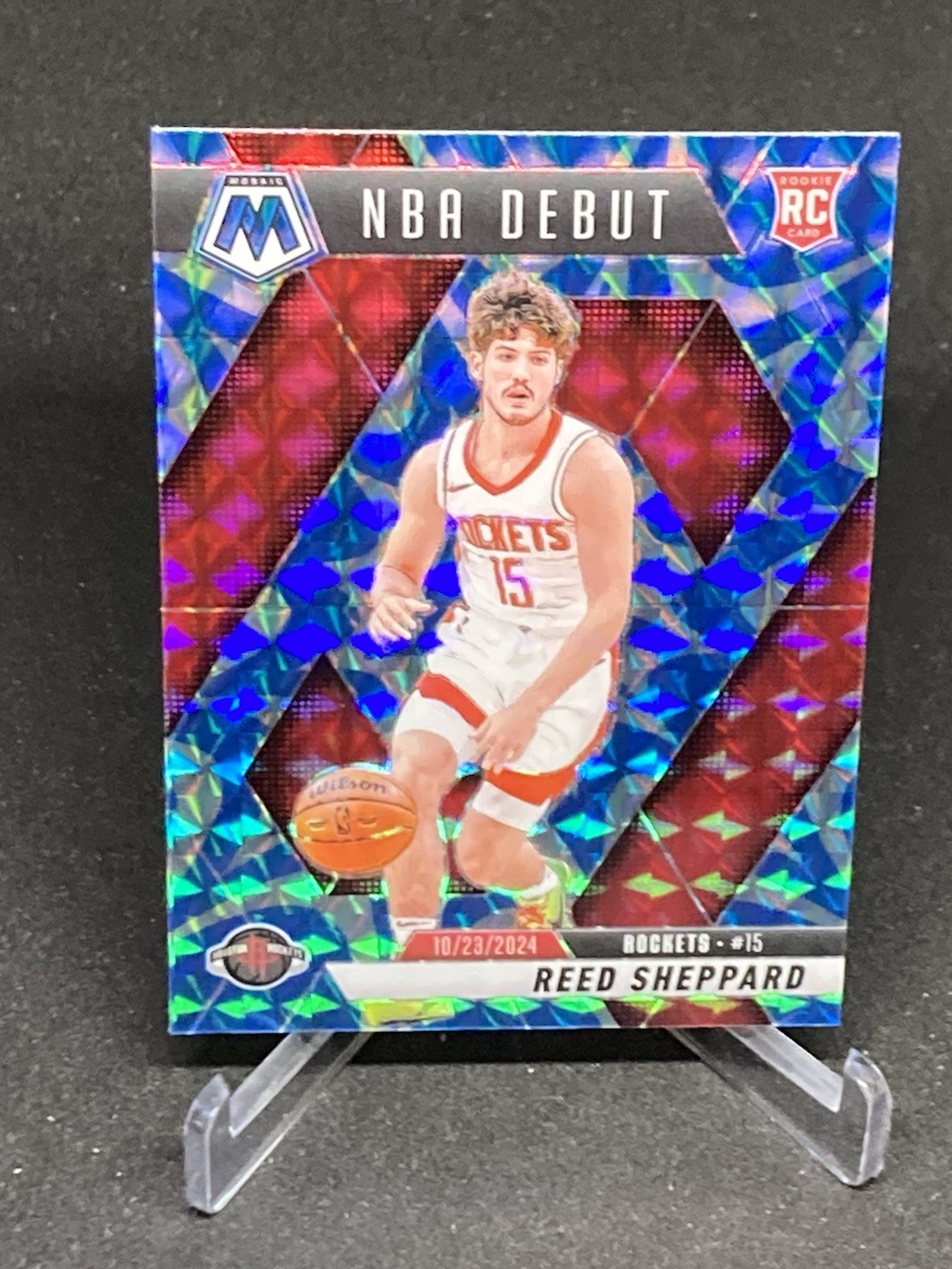 Reed Sheppard 2024-25 Panini Mosaic NBA Debut #252 Reactive Blue Prizm Rockets