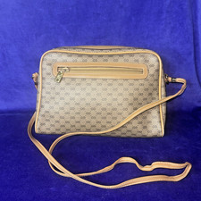 Vintage Gucci GG Monogram Canvas Leather Crossbody Bag Tan Brown Leather Italy