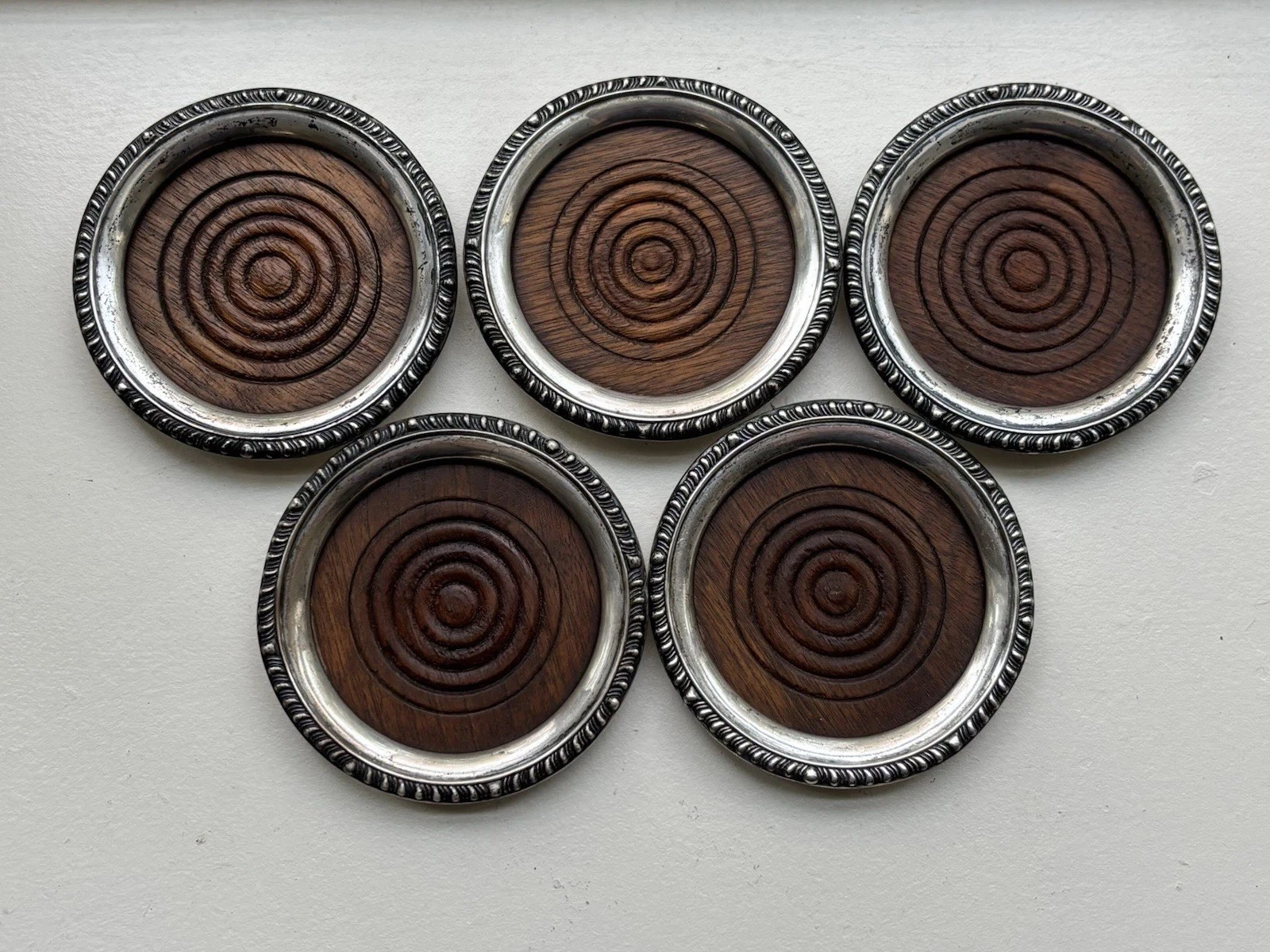 Set Of 5 Vintage Sterling Trivets With Wood Centers 925 3.70” Wide - product detail image 1