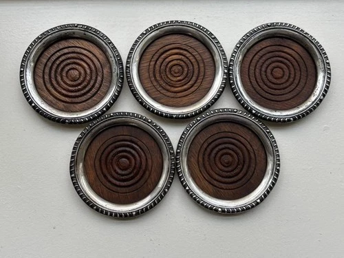 Set Of 5 Vintage Sterling Trivets With Wood Centers 925 3.70” Wide - product listing photo