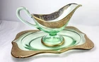 New ListingVintage Imperial Glass Gold Encrusted Green Gravy Boat Set Depression