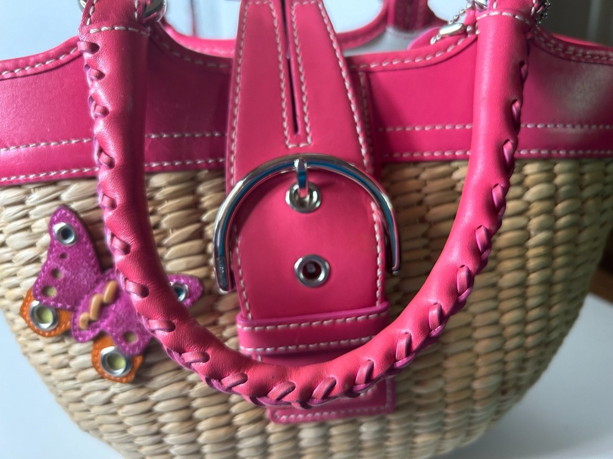Coach Woven Straw/Wicker Dark Pink Leather Satchel Bag/Purse Coach Woven Straw/Wicker Dark Pink Leather Satchel Bag/Purse