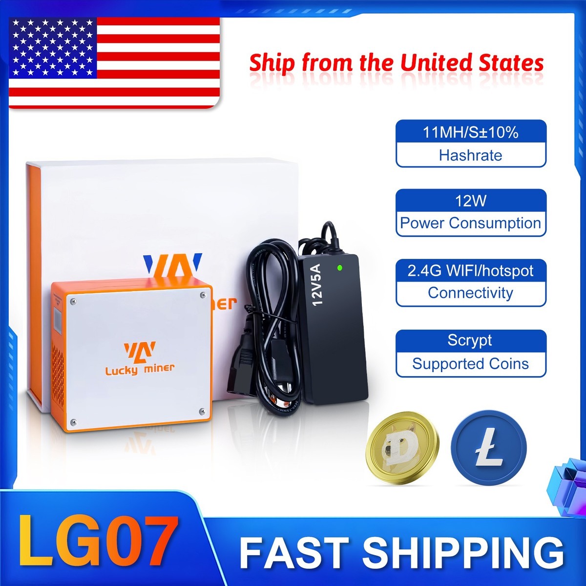 Lucky Miner LG07 Dogecoin Miner 11MH/S WIFI PSU Solo Mining Lotto