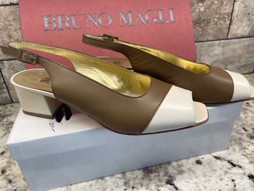 Bruno Magli SHALIMAR 6.5 EU36.5 Brown Cream Peep Toe Slingback 1 7/8" Block Heel