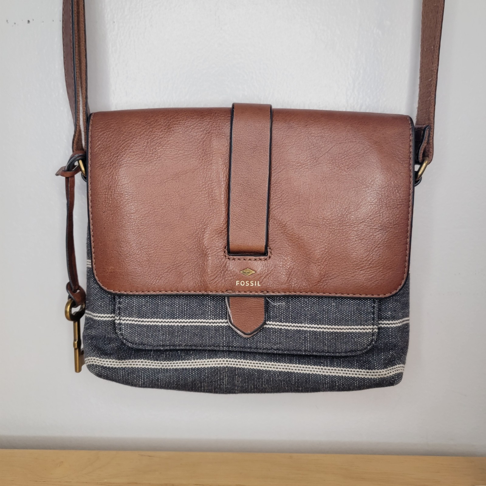 Fossil Kinley Black and White Striped Canvas & Brown Leather Crossbody Purse