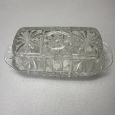 Vintage Pressed Glass Butter Dish with Lid Starburst Pattern 7.5” Clear Glass