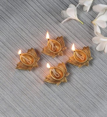 Two Moustaches Lotus Brass Diya Set 4 | Antique Yellow Oil Lamp Pooja Home D�cor