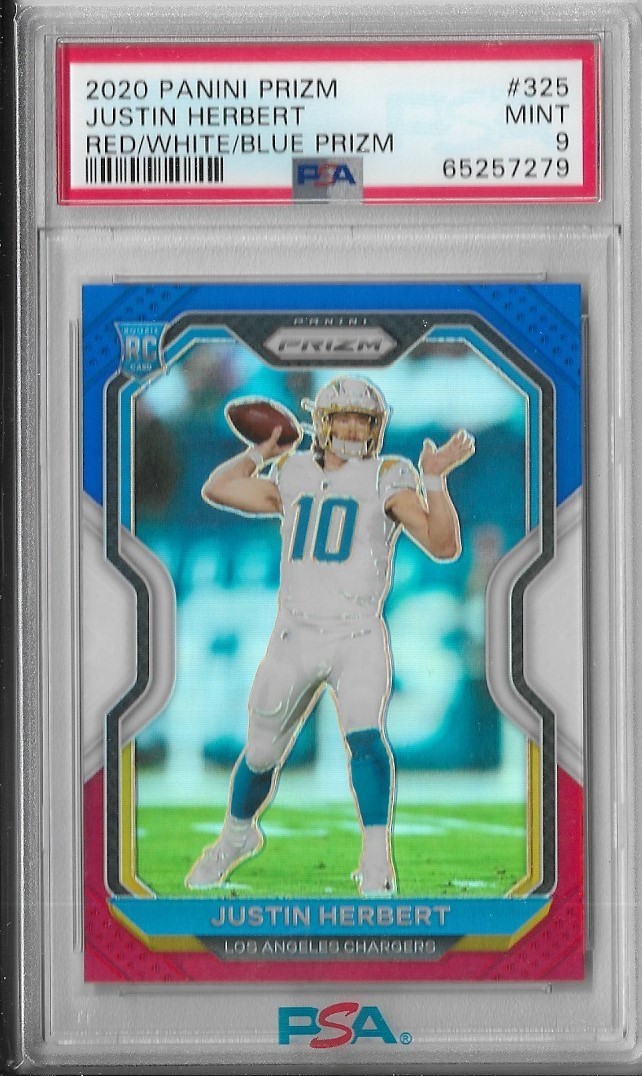 PSA 9 MINT 2020 Panini Red White Blue Prizm JUSTIN HERBERT Rookie RC #325