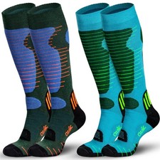 Merino Wool Ski Socks Mens Womens 2 Pairs for Skiing, Medium 2 Pairs-green blue