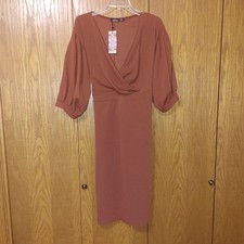 BOOHOO Dress Women Size 20 Brown Chocolate Midi Dress Tie Back Wrap Front