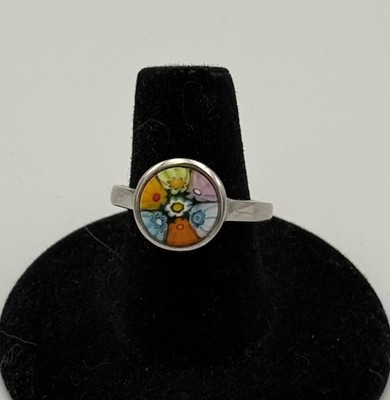 Alan K  Glass Murano Millefiori Flowers Sterling Silver Ring - Sz 7