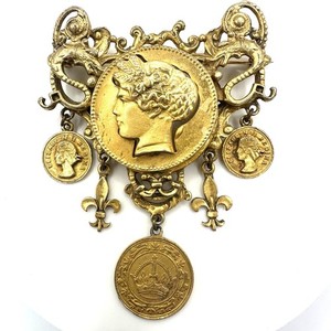 Authentic Vintage gold plated massive cameo coins dangling charms brooch