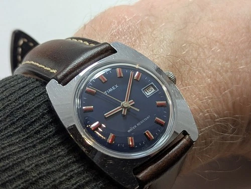 Vintage 1974 Timex Marlin Rare Blue Dial & Cushion Case 23655-02574 Serviced